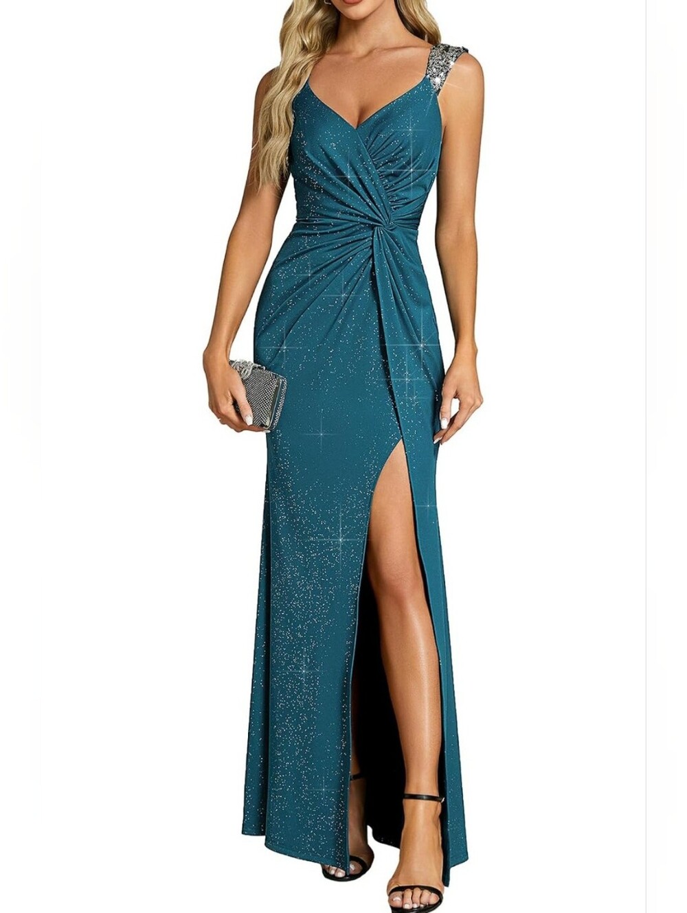 Glitter Sleeveless V-Neck Formal Wedding Guest Dress Prom Homecoming 10 NWT Teal